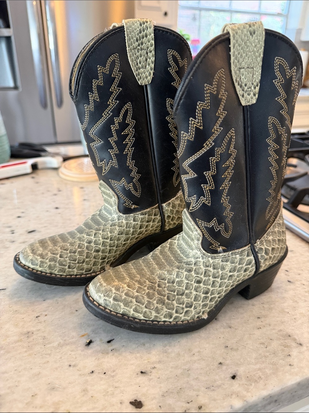 Ariat Black Leather Cowboy Boots with Cream Snakeskin Trim